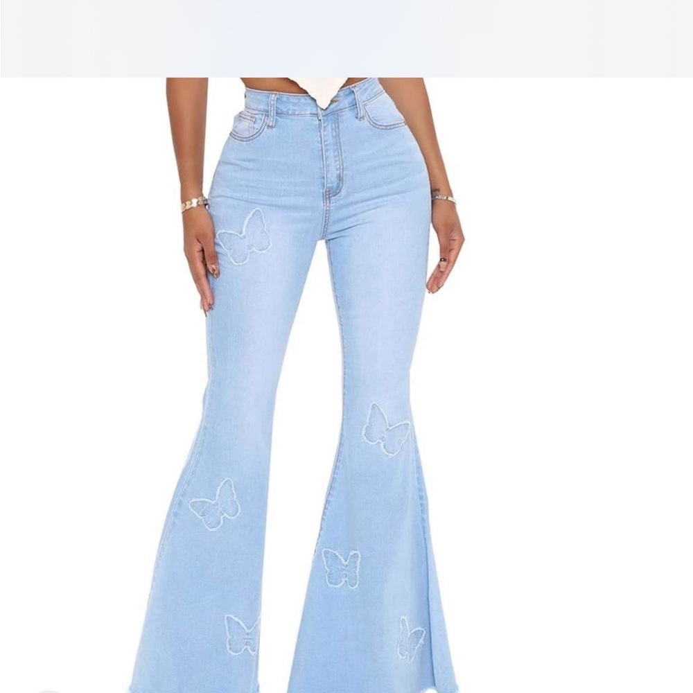 Fashion Nova Light Blue Butterfly Flare Jeans